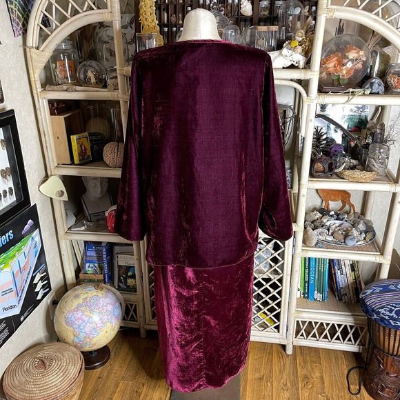 Vintage 90s Dark Red Velvet Skirt Set Dark Bohemian Butterfly Embroidered 18 20 - Picture 3 of 16